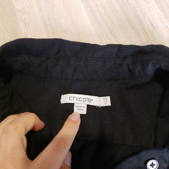 Chico’s Black Linen Shirt Dress Sz .5 Button Front Collared Short Sleeve Midi - Picture 2 of 11